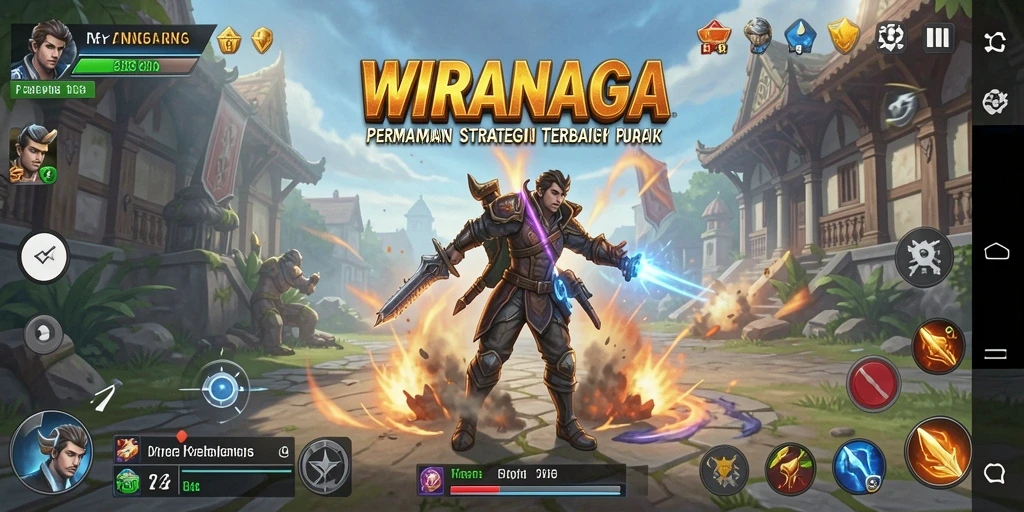 Screenshot utama gameplay WIRANAGA menampilkan pertempuran strategis yang mendebarkan.